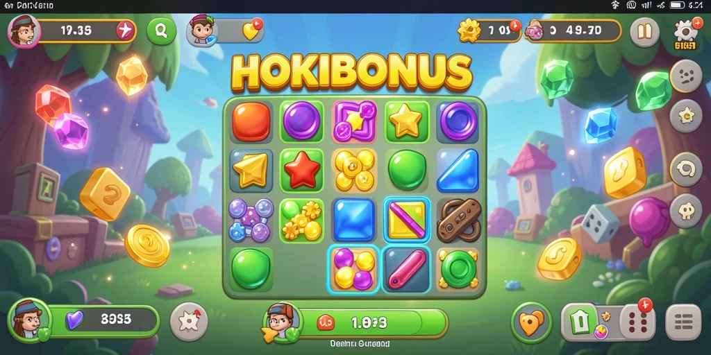 Tangkapan layar HOKIBONUS menunjukkan gameplay Match-3 yang seru.