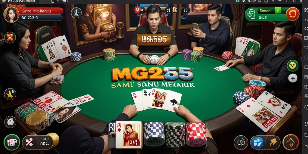 Tampilan gameplay Poker yang menegangkan di MG525, dengan pemain aktif dan kartu yang dibagikan.