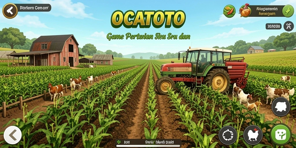Screenshot gameplay OCATOTO menampilkan lahan pertanian yang subur dan hewan ternak berinteraksi.