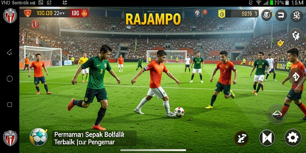 Screenshot gameplay RAJAMPO menampilkan aksi seru di lapangan sepak bola.