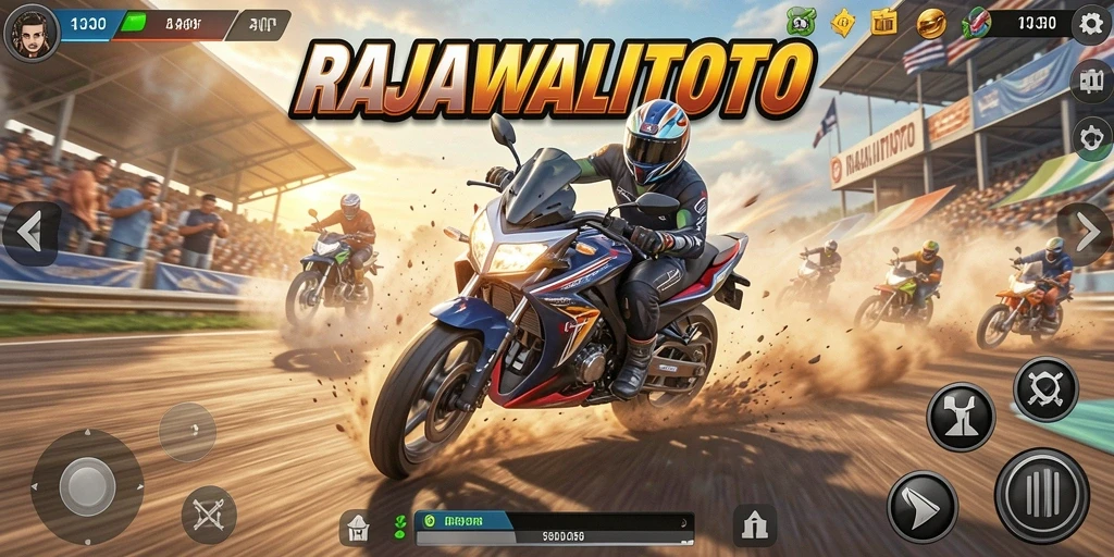 Screenshot gameplay RAJAWALITOTO menampilkan aksi balapan motor yang seru.